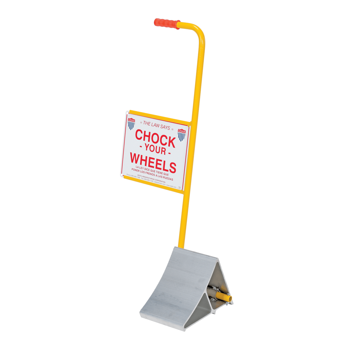 Vestil Alum Wheel Chock with Handle & Sign 11-7/8In.x21-3/16In.x37-9/16In. Silver/Yellow EALUM-7-HS
