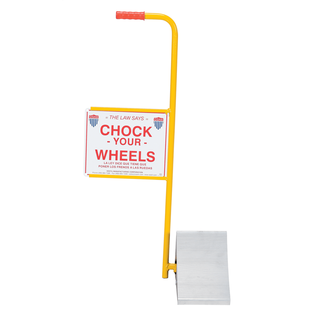 Vestil Alum Wheel Chock with Handle & Sign 11-7/8In.x21-3/16In.x37-9/16In. Silver/Yellow EALUM-7-HS