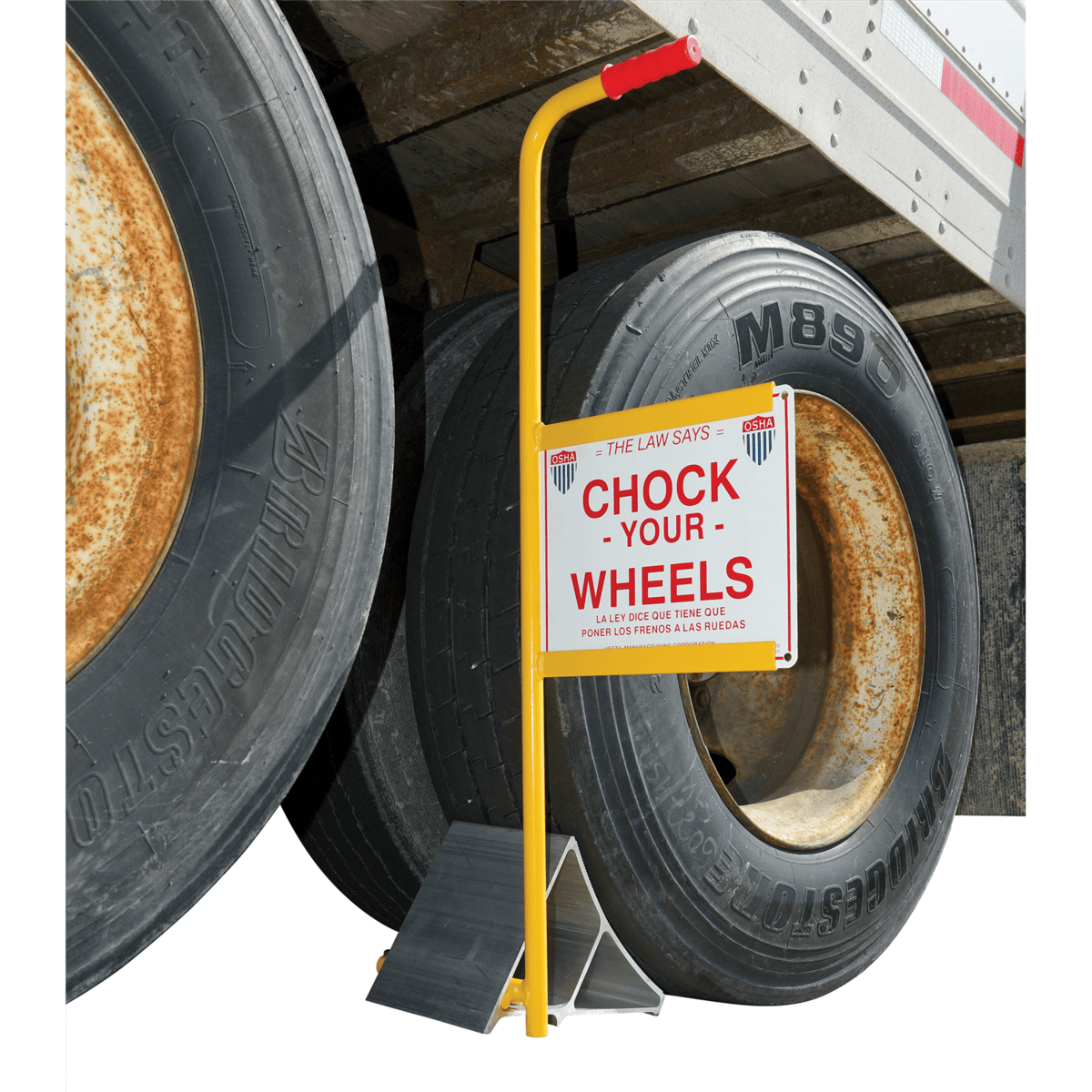 Vestil Alum Wheel Chock with Handle & Sign 11-7/8In.x21-3/16In.x37-9/16In. Silver/Yellow EALUM-7-HS
