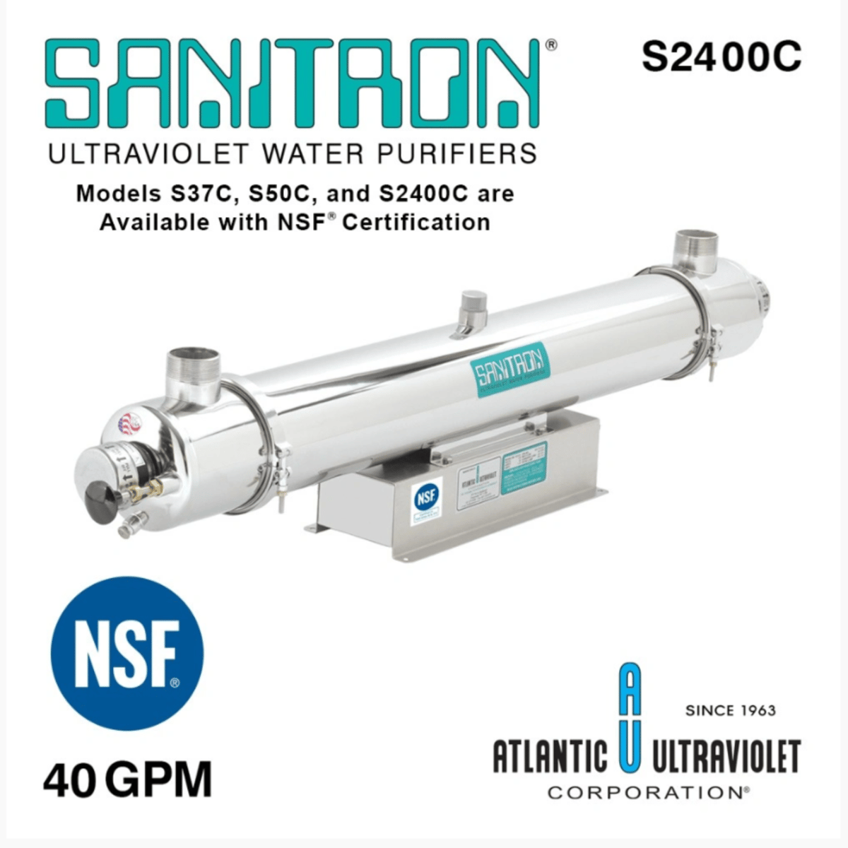 Atlantic Ultraviolet Sanitron® Ultraviolet Water Purifier S2400C, 40 gpm, 120v, NSF/ANSI 61/372