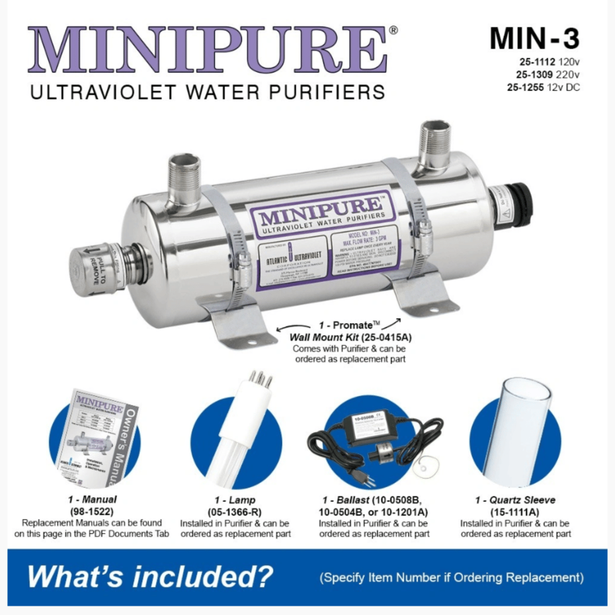 Atlantic Ultraviolet Minipure® Ultraviolet Water Purifier MIN-3, 3 gpm, 120v, 25-1112