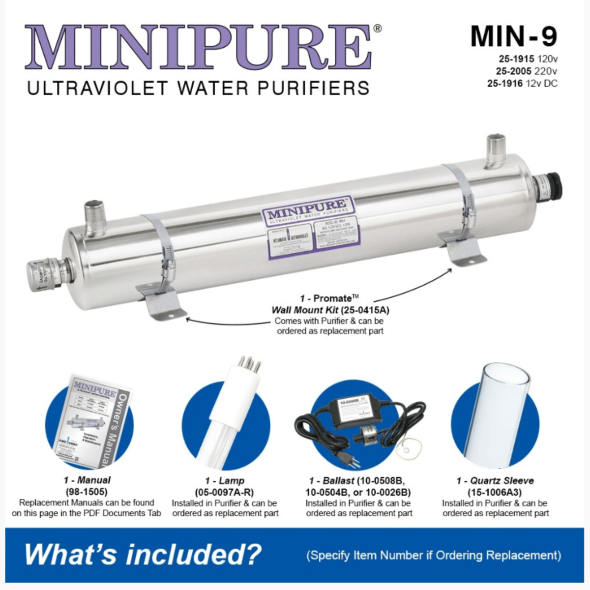 Atlantic Ultraviolet Minipure® Ultraviolet Water Purifier MIN-9, 9 gpm, 120v, 25-1915