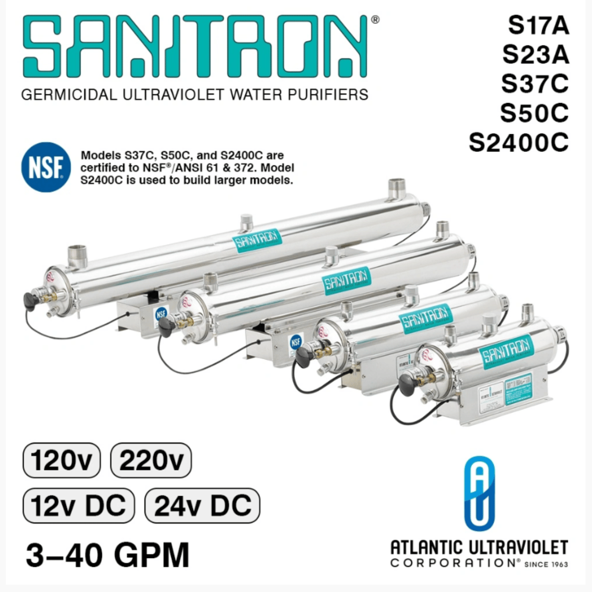 Atlantic Ultraviolet Sanitron® Ultraviolet Water Purifier S50C, 20 gpm, 120v, NSF/ANSI 61/372