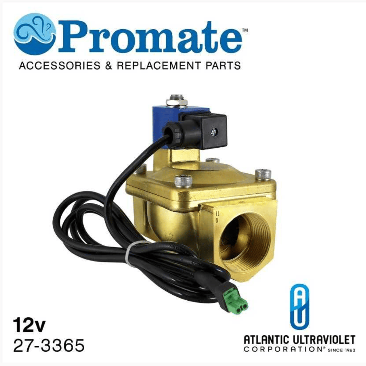 Atlantic Ultraviolet Promate™ Solenoid Valve, 12v, 1-1/2" NPT Lead-Free Brass, NSF 27-3365