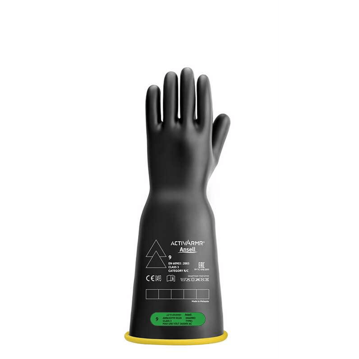 ActivArmr Electrical Insulating Gloves Class 3, Black Coating, Yellow Liner, Bell Cuff, Size XL