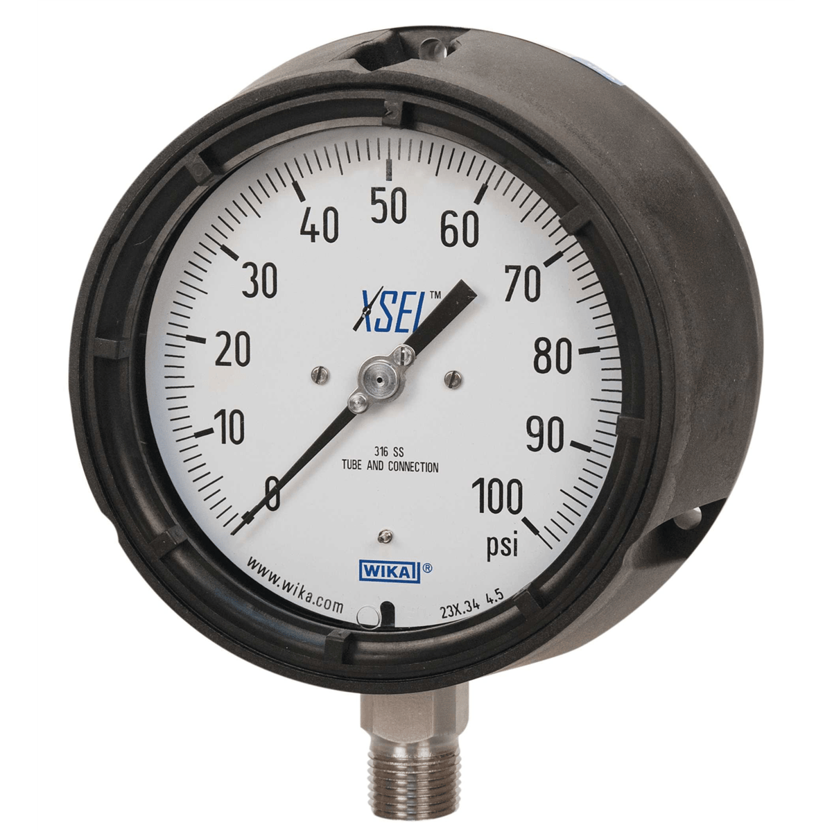 WIKA 232.34 Pressure Gauge, SS, Thermoplastic Case, 4-1/2", 1/4"NPT, Dry, 0-160 PSI