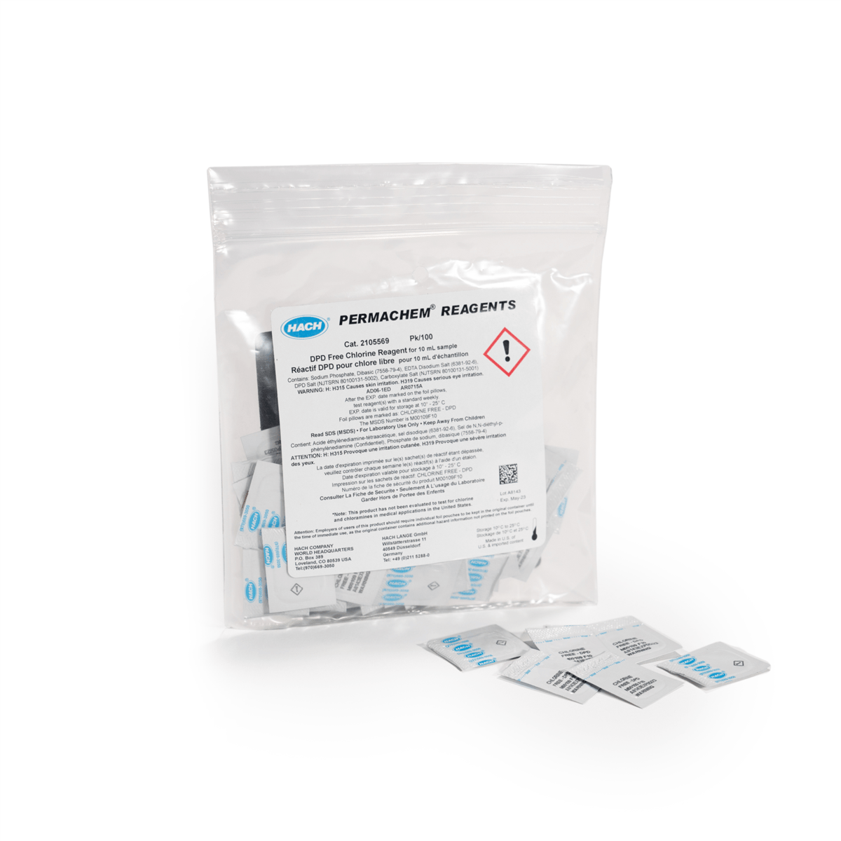 Hach DPD Free Chlorine Reagent Powder Pillows, 10 mL, pk/100, 2105569