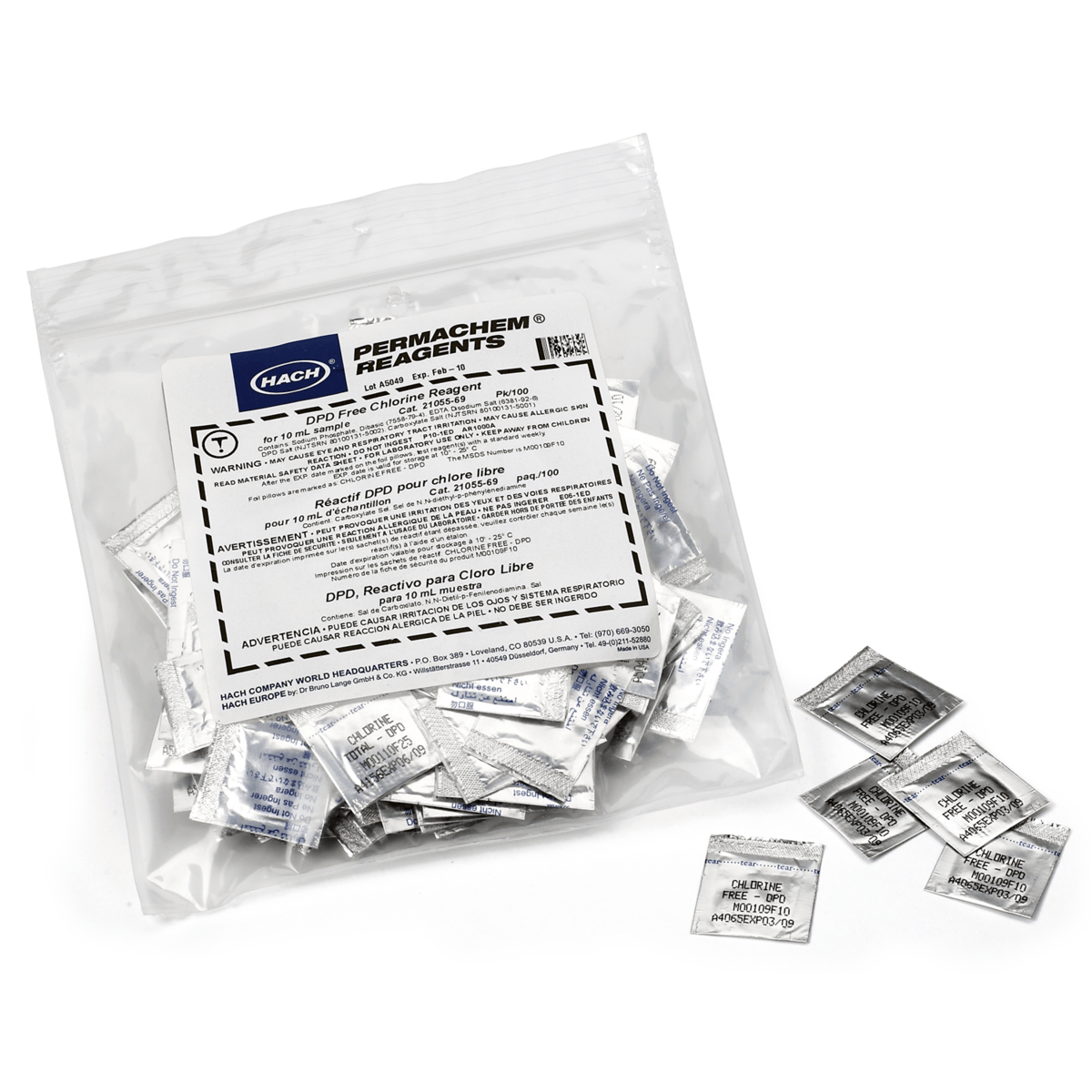 Hach DPD Free Chlorine Reagent Powder Pillows, 10 mL, pk/300, 2105503