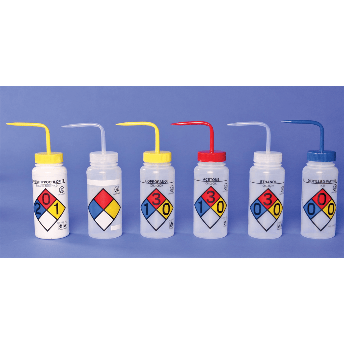 SP Bel-Art Right-To-Know Safety-Vented 4-Color Isopropanol Wide-Mouth 500mL Wash Bottle, 4/Pack