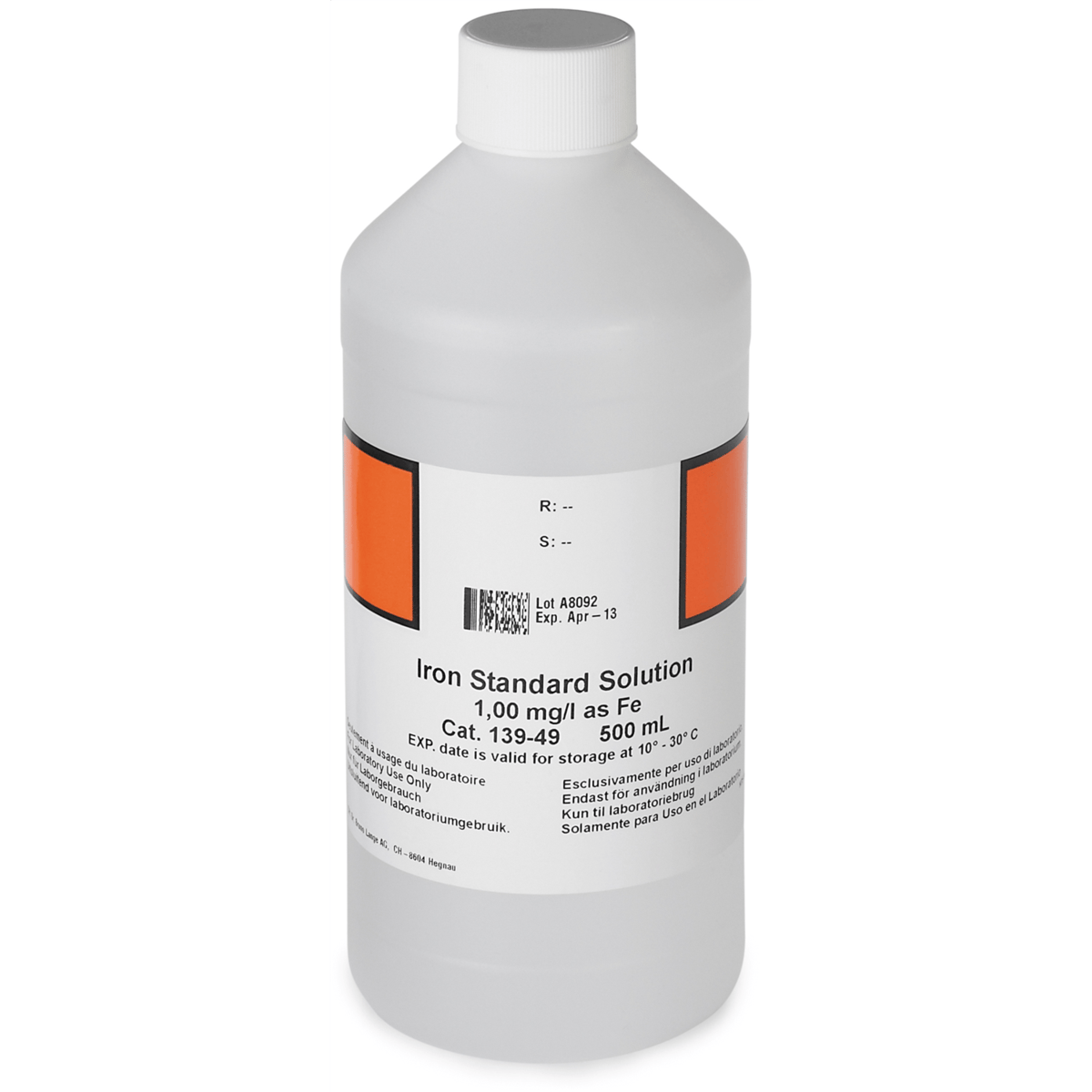 Hach Iron Standard Solution, 1 mg/L as Fe (NIST), 500 mL, 13949