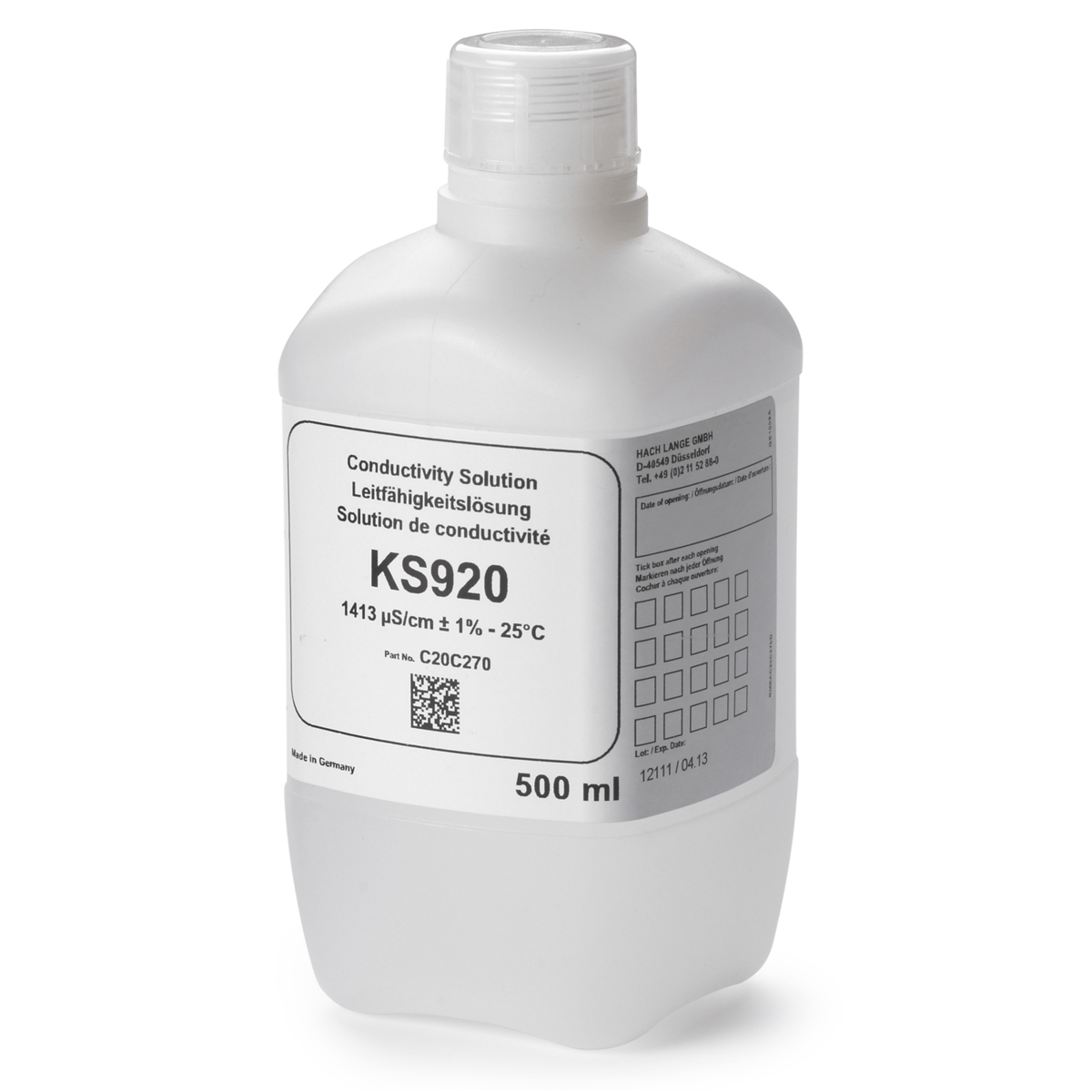 Hach Conductivity Standard Solution, 1413 µS/cm, KCl, 500 mL, C20C270