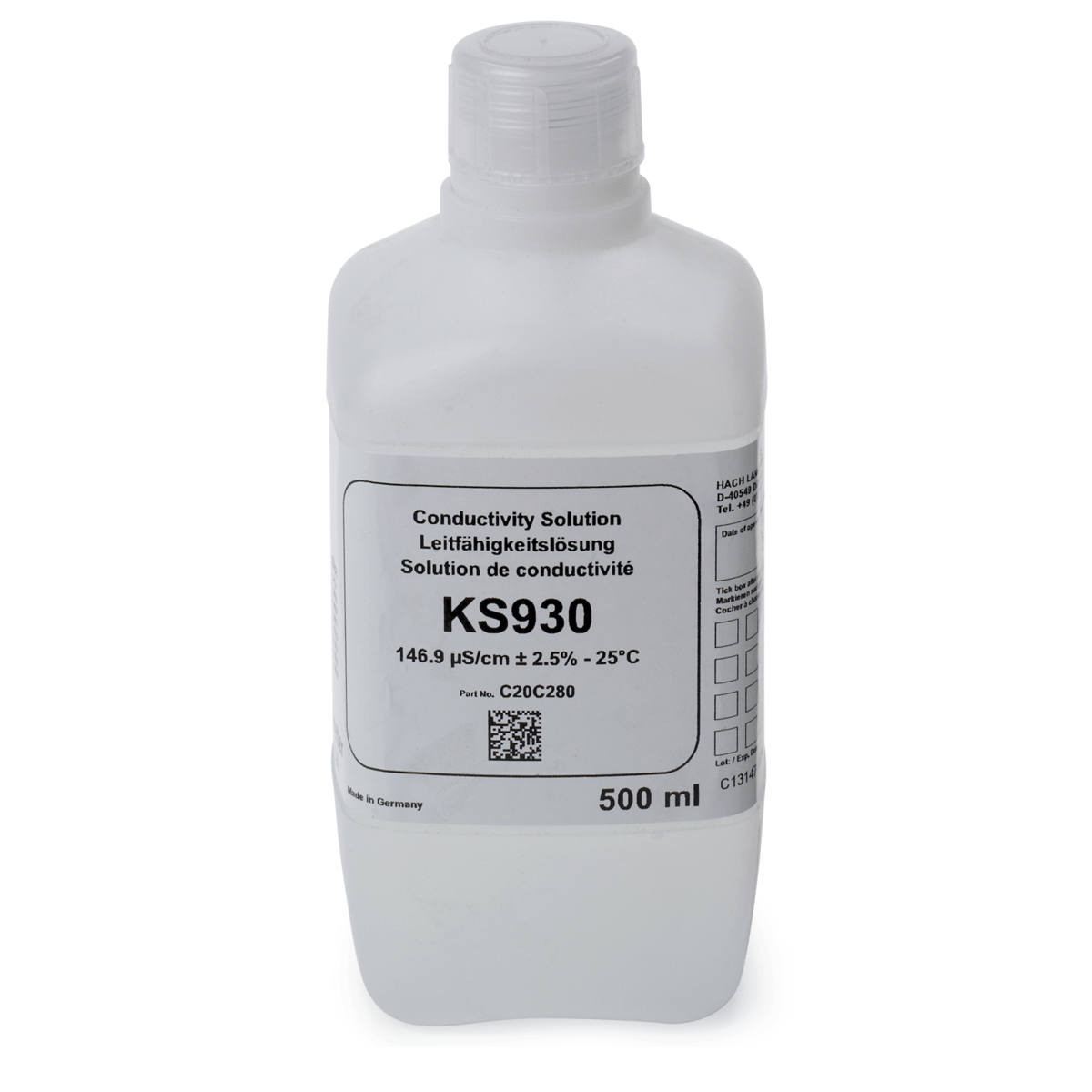 Hach Conductivity Standard Solution, 146.9 µS/cm, KCl, 500 mL, C20C280