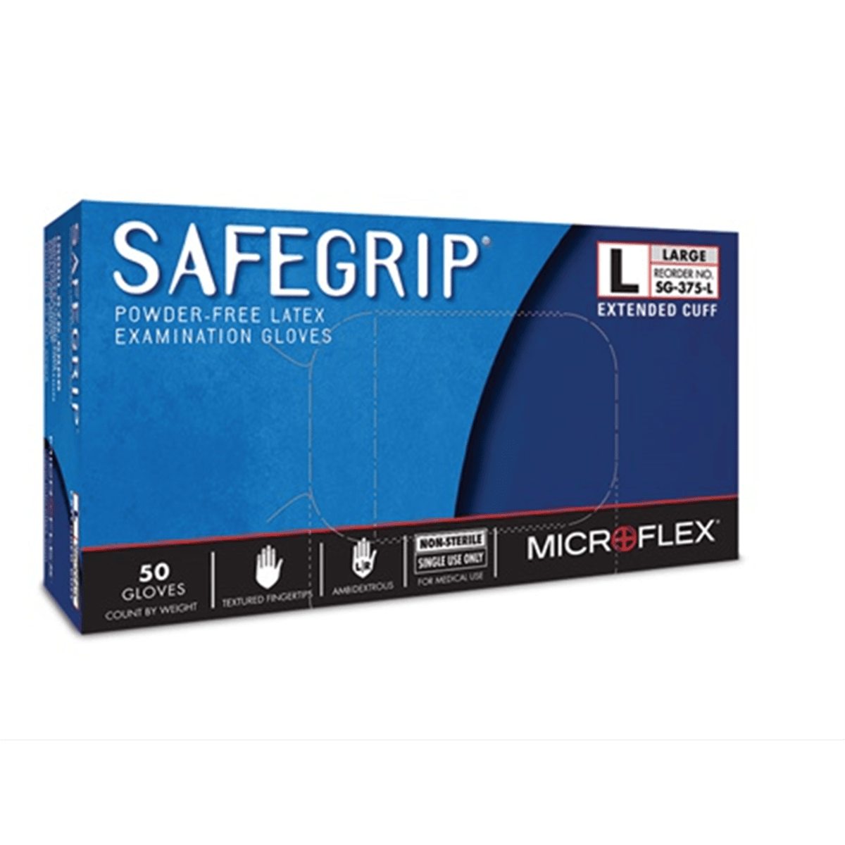 Microflex SafeGrip Powder-Free Extended-Cuff Latex Gloves, Large, Box of 50