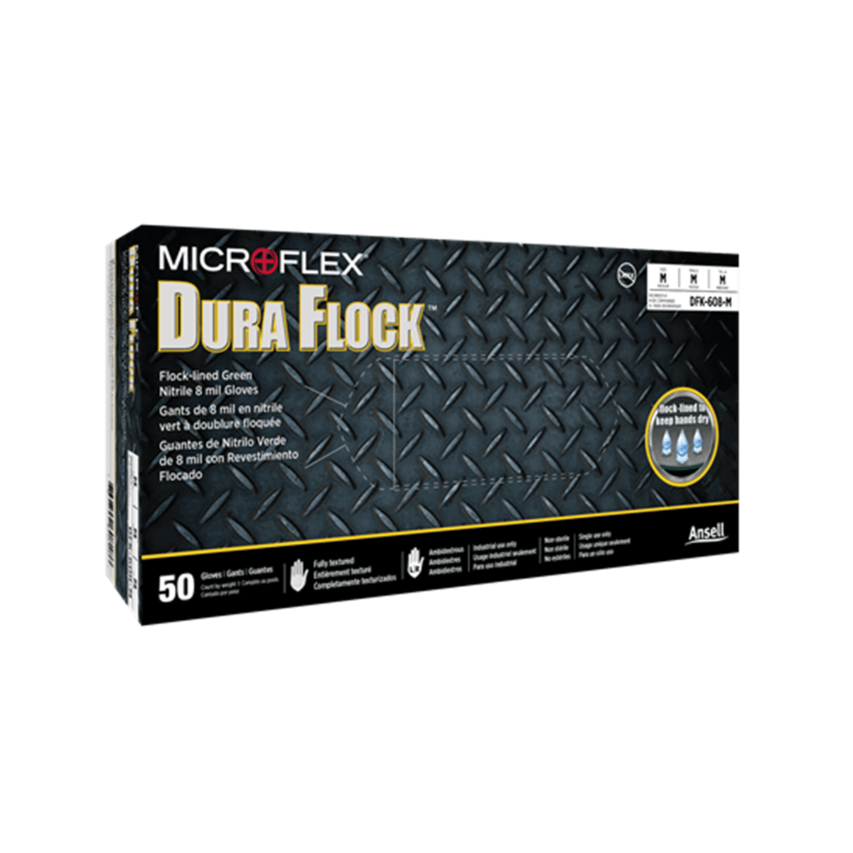 Microflex Dura Flock Flock-Lined Powder-Free Nitrile Gloves, Large, Box of 50