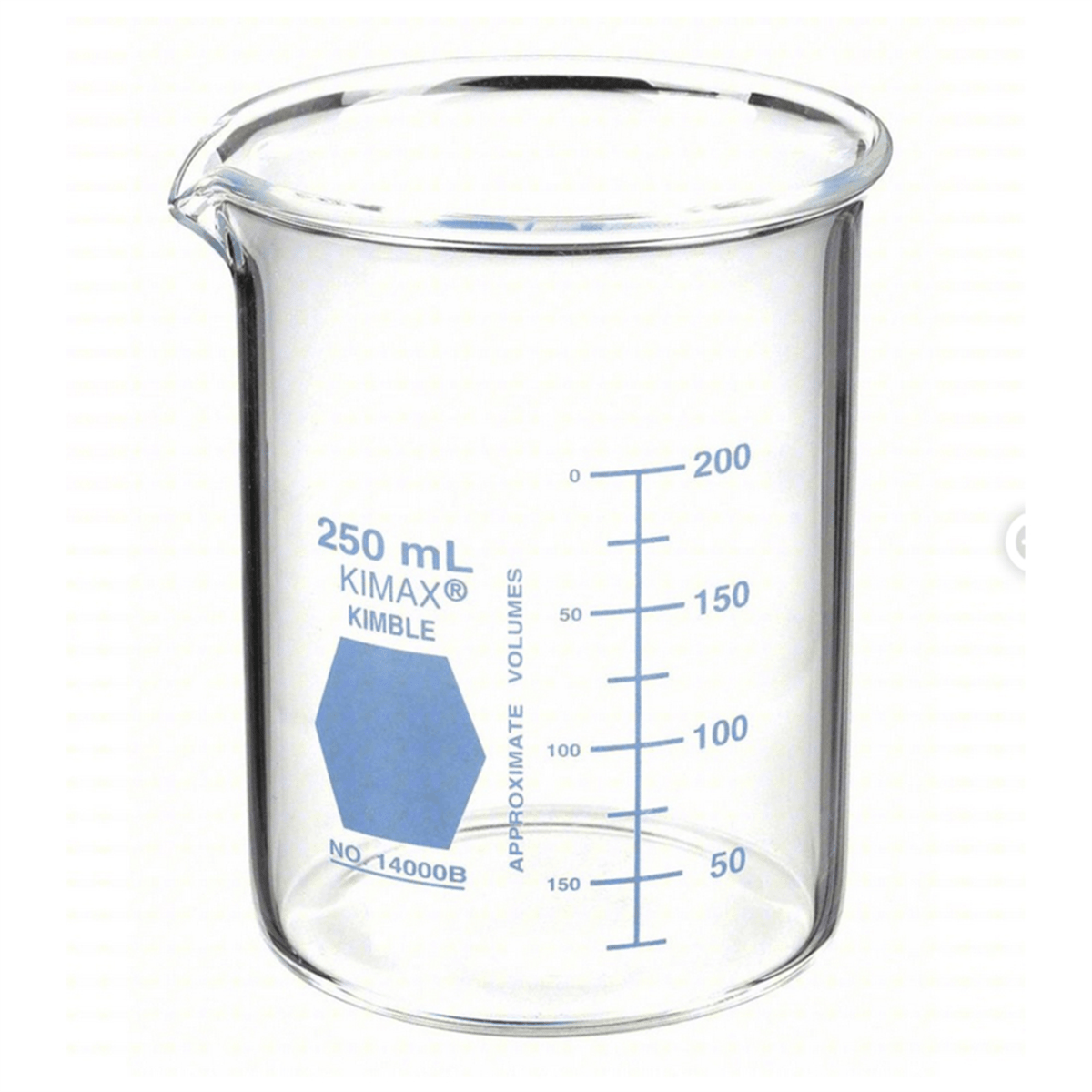 Kimble® KIMAX® Low Form Griffin “Colorware” Glass Beaker, Blue, 250 mL, 14000B-250