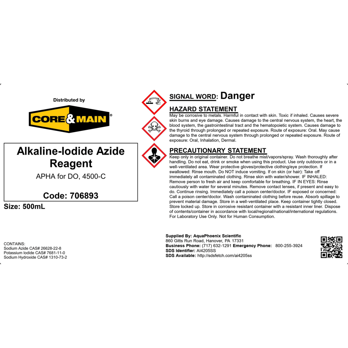 Core & Main Alkaline-Iodide Azide Reagent, 500 mL