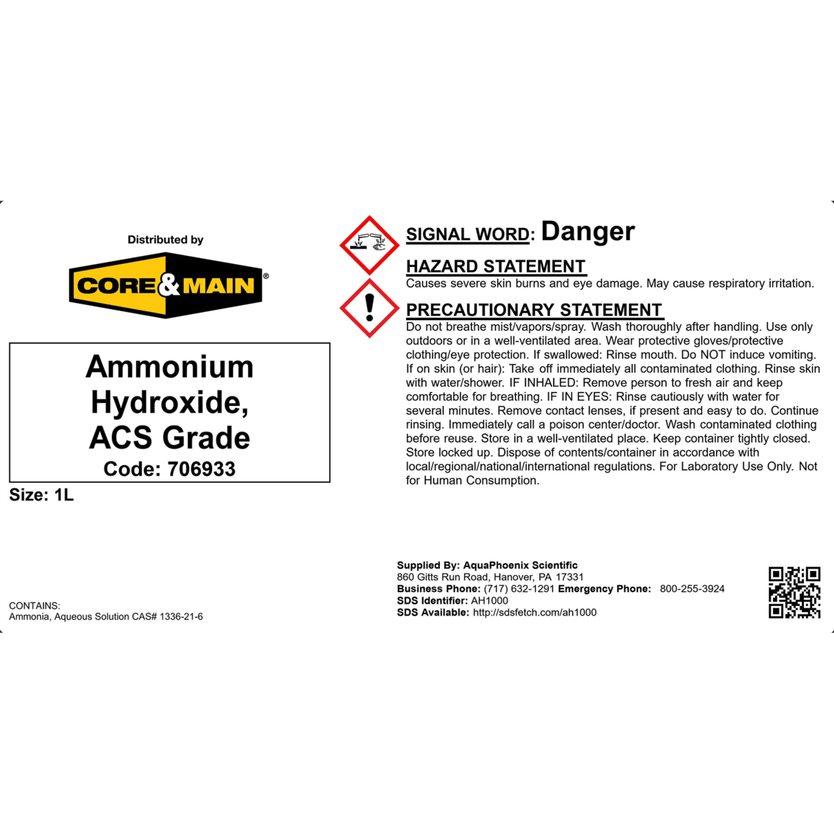 Core & Main Ammonium Hydroxide, ACS Grade, 1 L