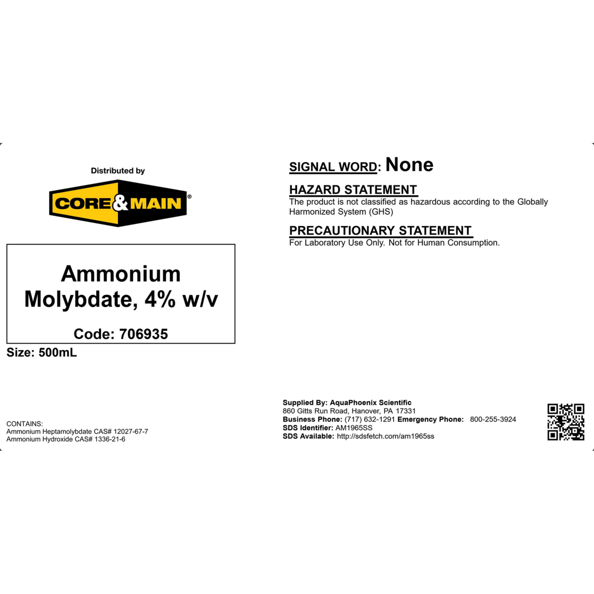 Core & Main Ammonium Molybdate, 4% w/v, 500 mL