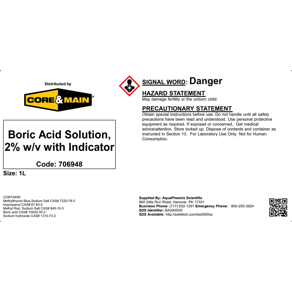 Core & Main Boric Acid Solution, 2% w/v w/ Indicator, 1 L
