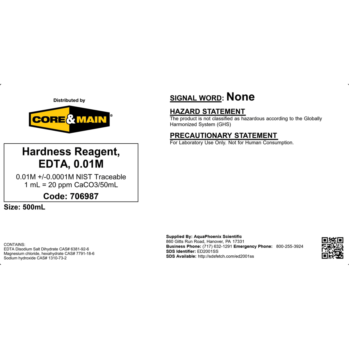 Core & Main Hardness Reagent, EDTA, 0.01M, 500 mL