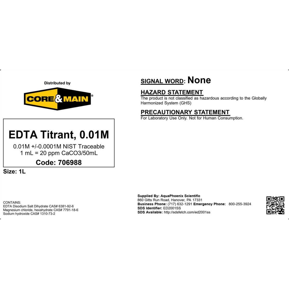 Core & Main EDTA Titrant, 0.01M, 1 L