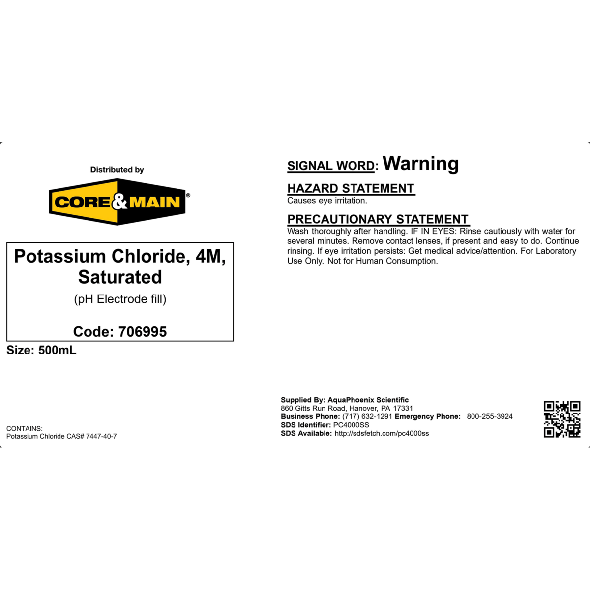 Core & Main Potassium Chloride, 4M, Saturated, 500 mL