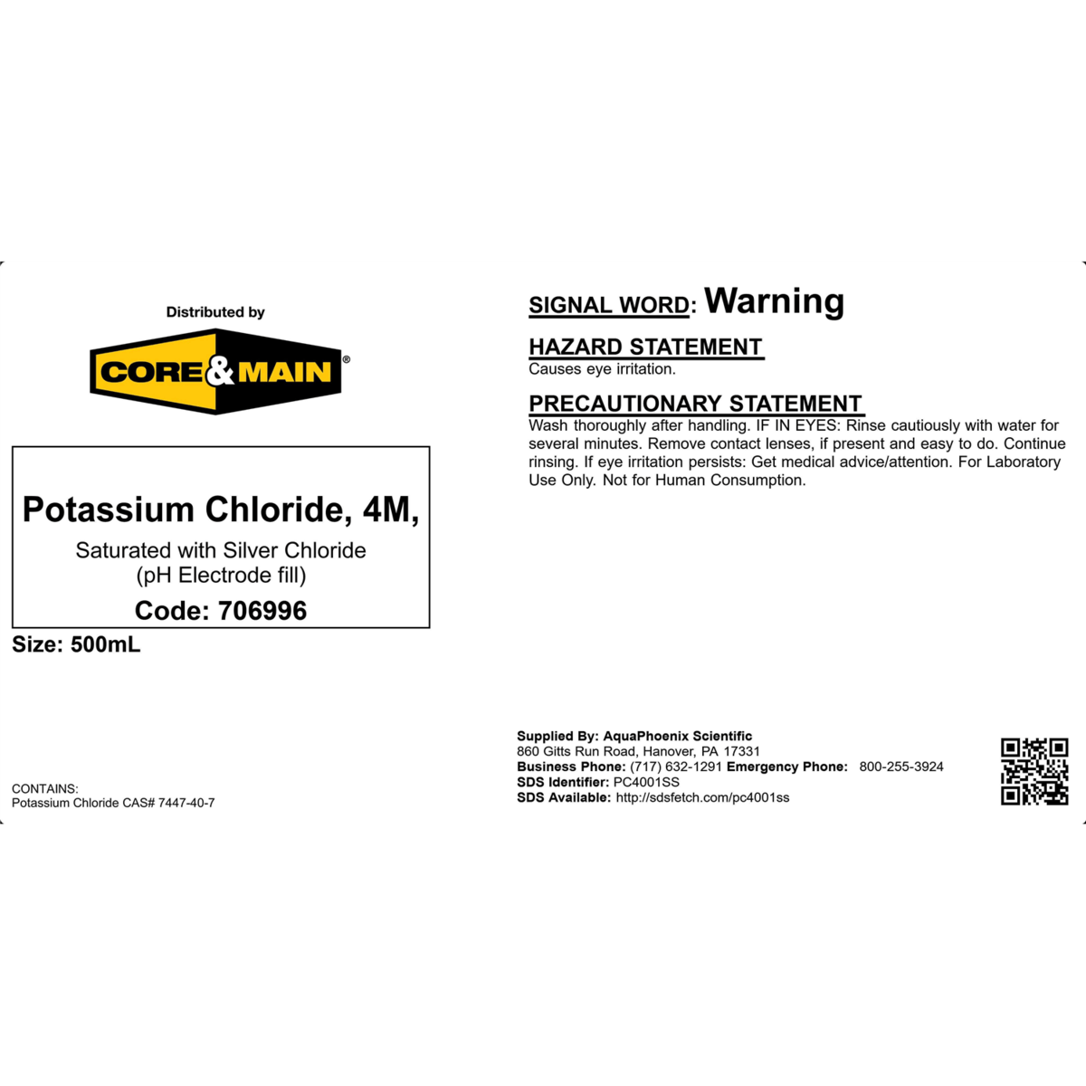 Core & Main Potassium Chloride, 4M, Saturated w/Silver Chloride, 500 mL