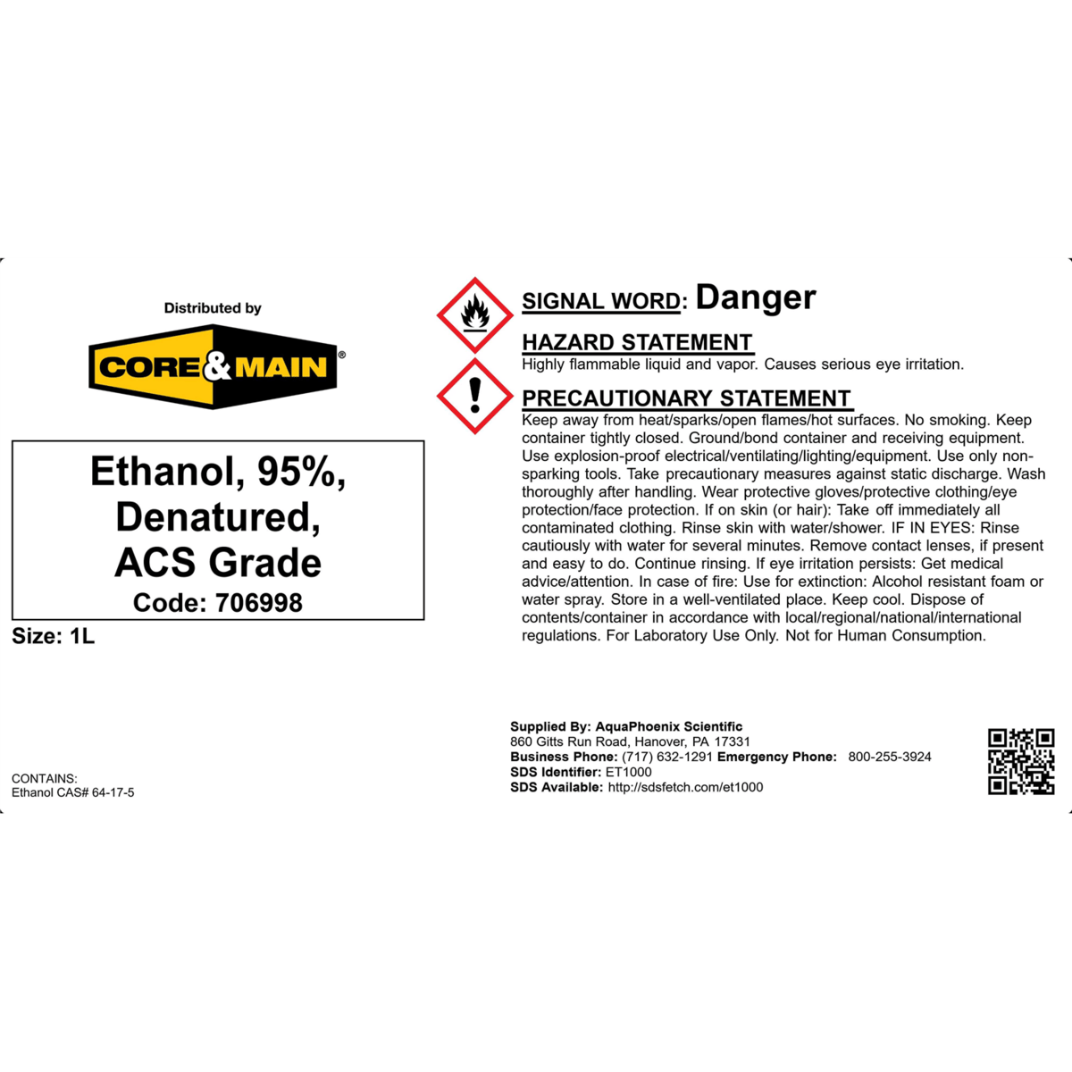Core & Main Ethanol, 95%, Denatured, ACS Grade, 1 L