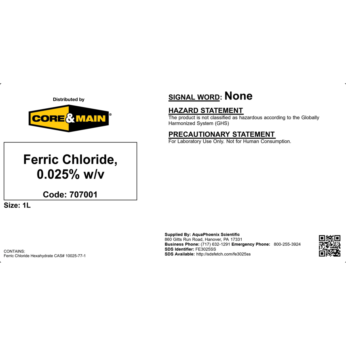 Core & Main Ferric Chloride, 0.025% w/v, 1 L
