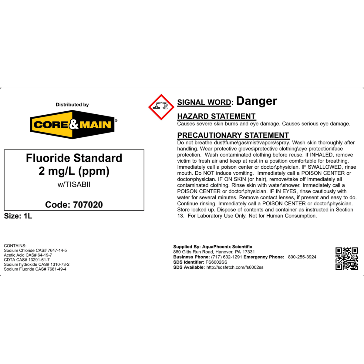 Core & Main Fluoride Standard, 2.0 mg/L (ppm) with TISAB, 1 L