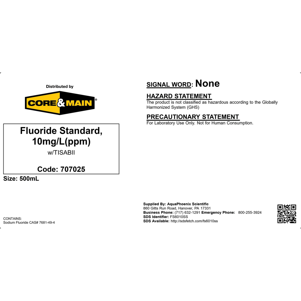Core & Main Fluoride Standard, 10 mg/L (ppm) with TISAB, 500 mL