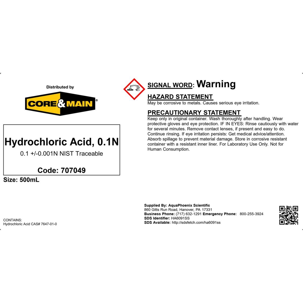 Core & Main Hydrochloric Acid, 0.1N, 500 mL