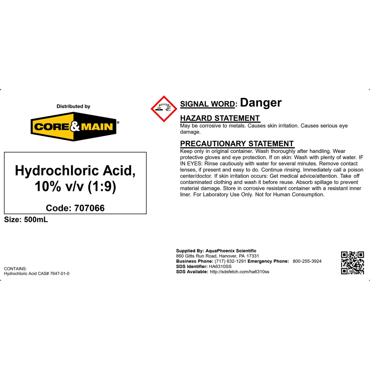 Core & Main Hydrochloric Acid, 10% v/v (1:9), 500 mL