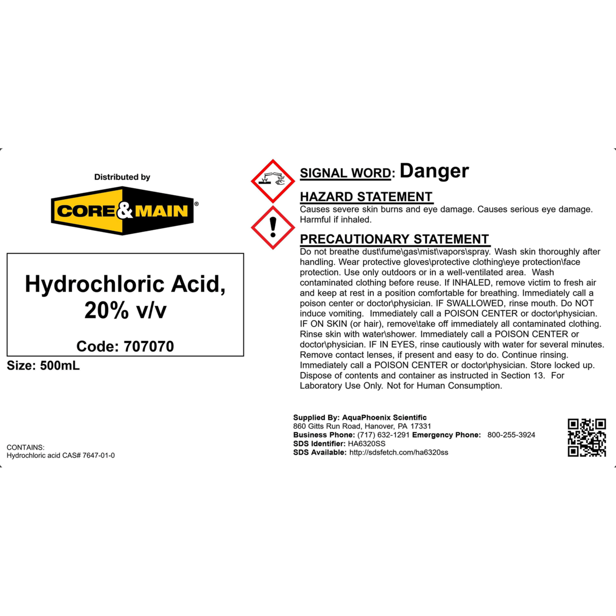 Core & Main Hydrochloric Acid, 20% v/v, 500 mL