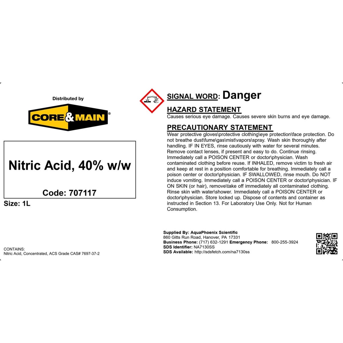 Core & Main Nitric Acid, 40% w/w, 1 L