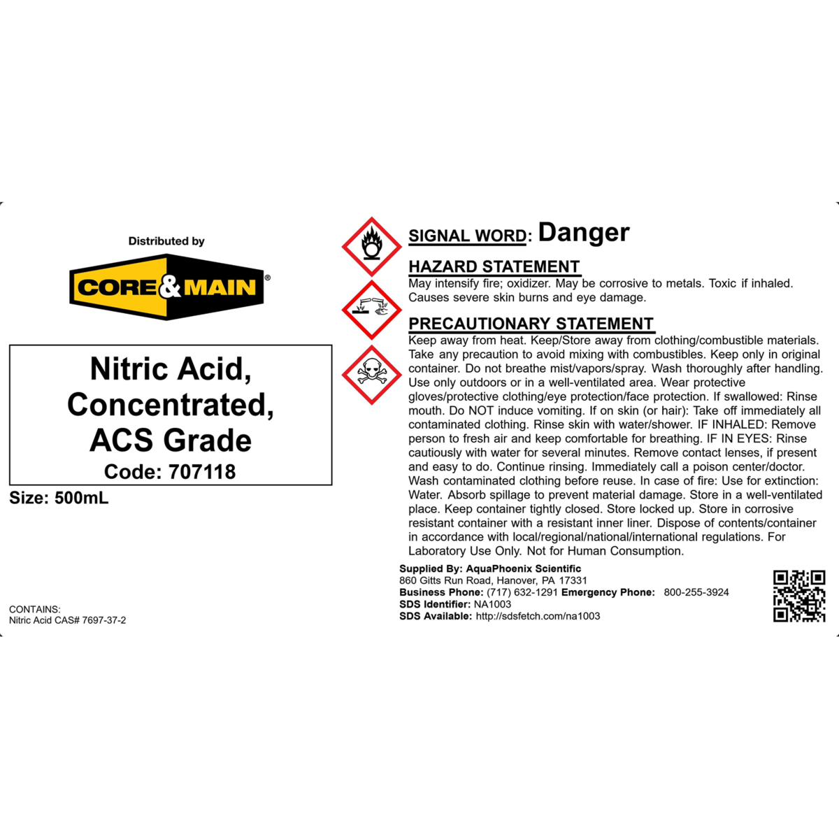 Core & Main Nitric Acid, Concentrated, ACS Grade, 500 mL