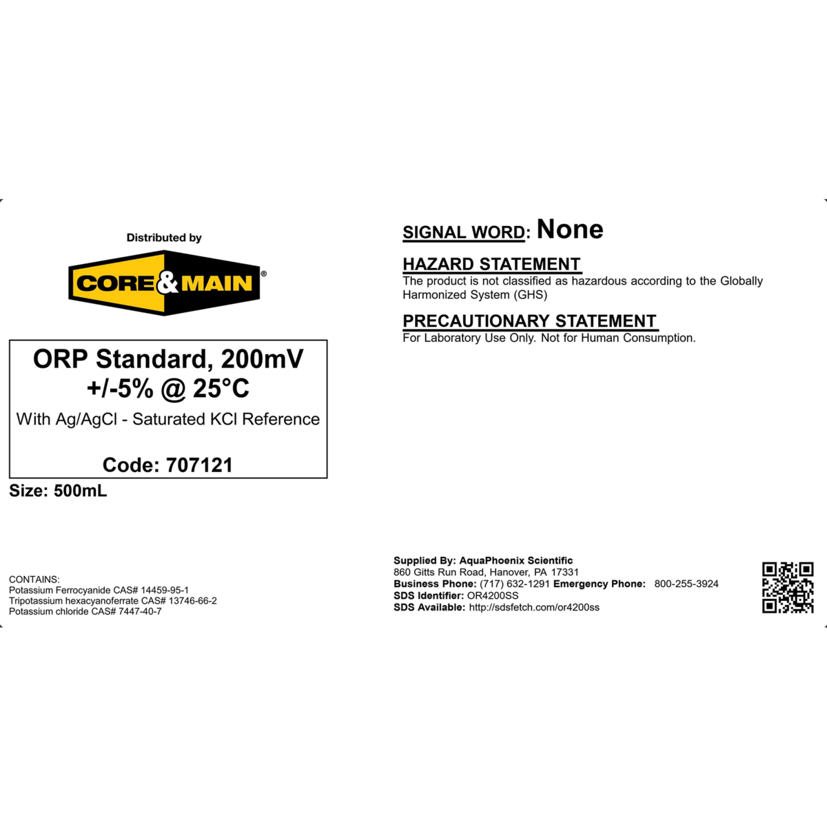 Core & Main ORP Standard, 200 mV +/-5% @ 25°C, 500 mL