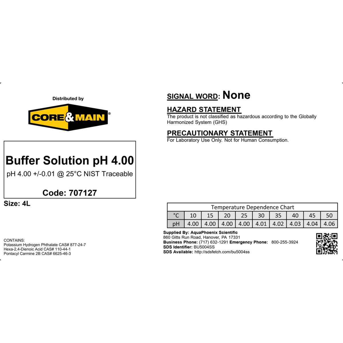 Core & Main pH Buffer Solution, pH 4.00, Red, 4 L
