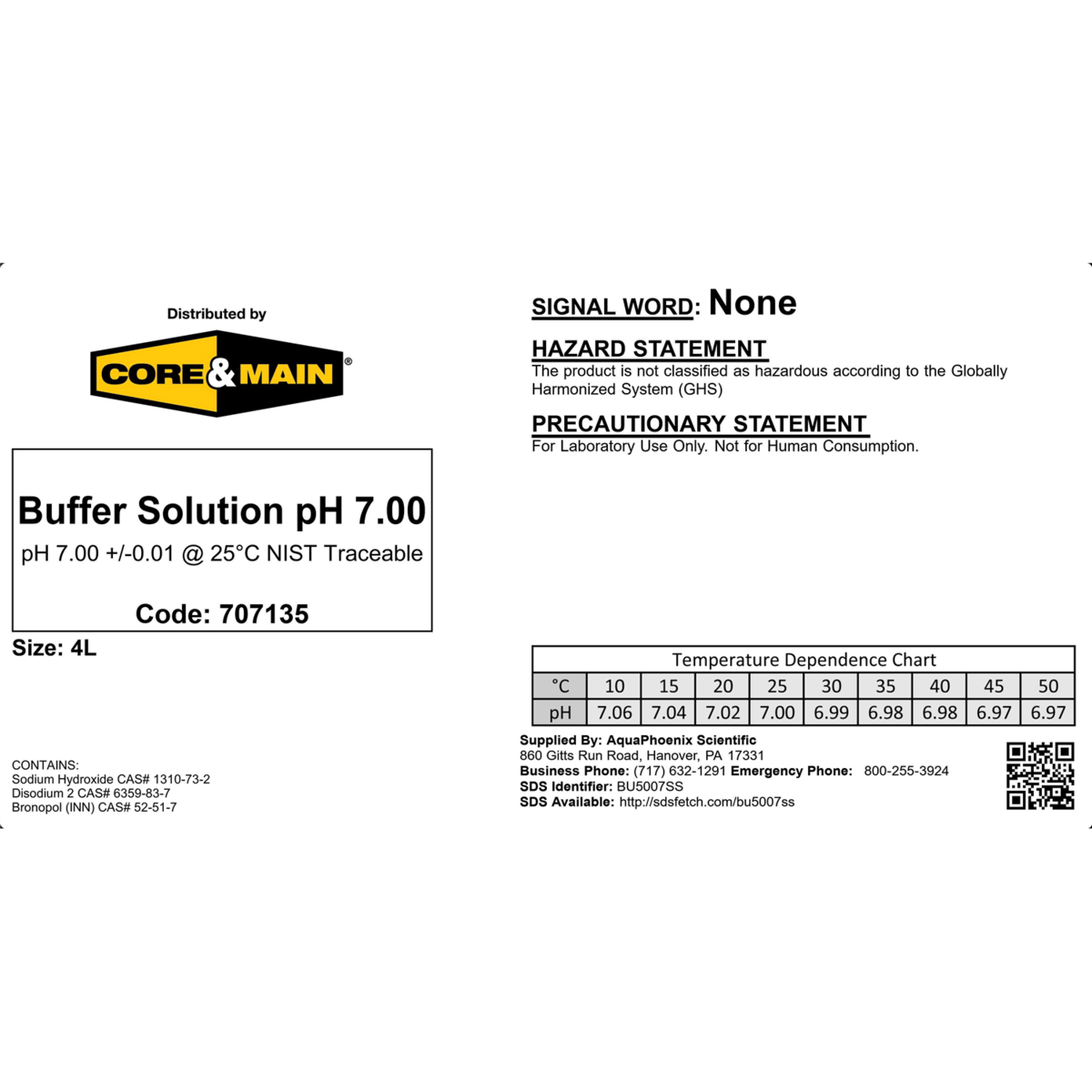 Core & Main pH Buffer Solution, pH 7.00, Yellow, 4 L