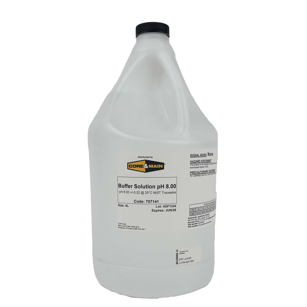 Core & Main pH Buffer Solution, pH 8.00, Colorless, 4 L
