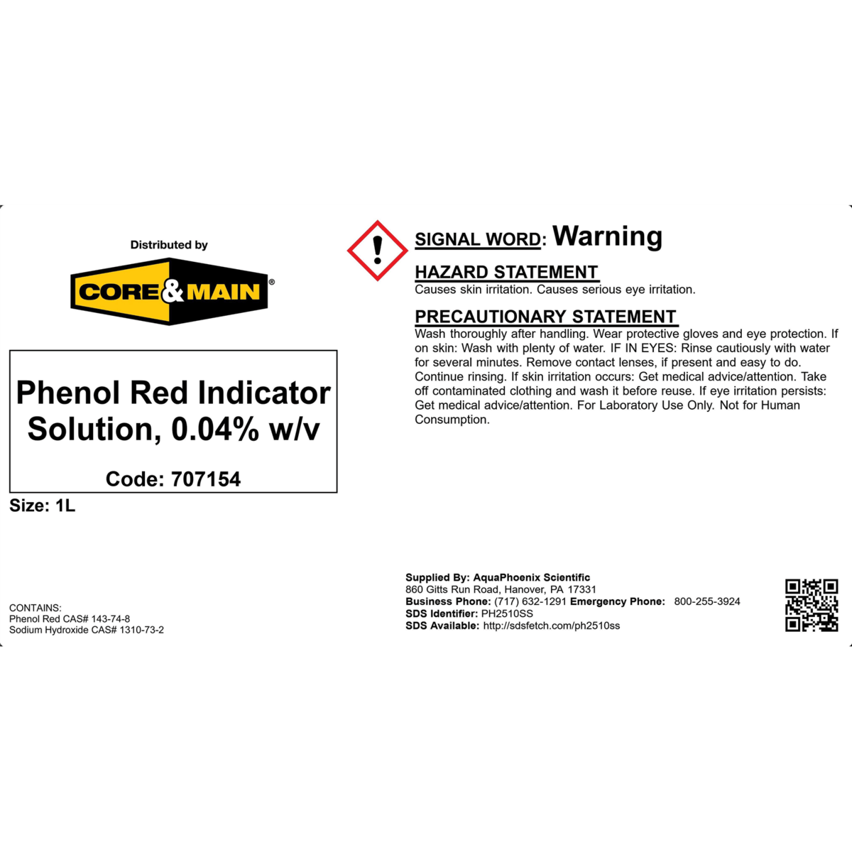 Core & Main Phenol Red Indicator Solution, 0.04% w/v, 1 L