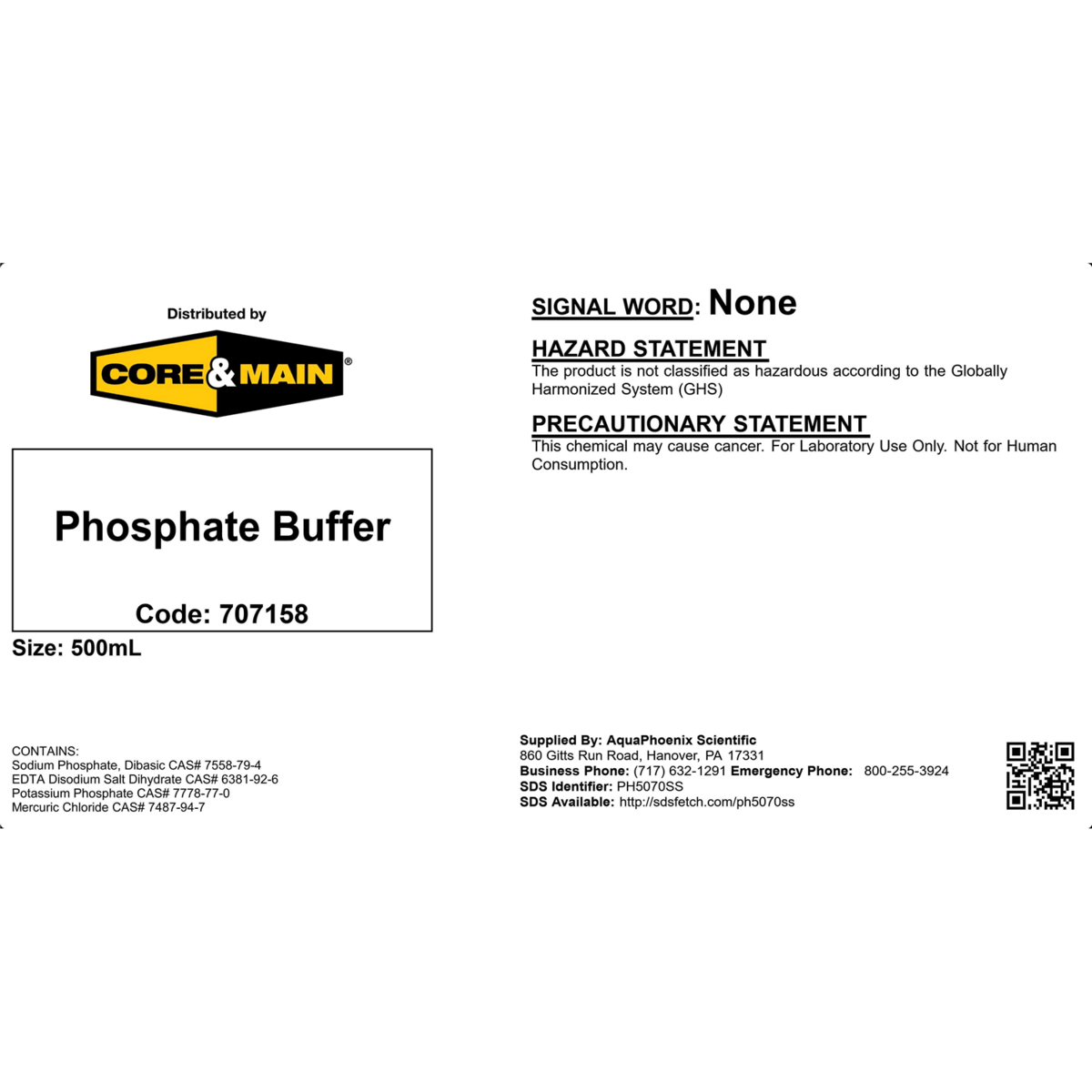 Core & Main Phosphate Buffer, pH 7.2, 500 mL