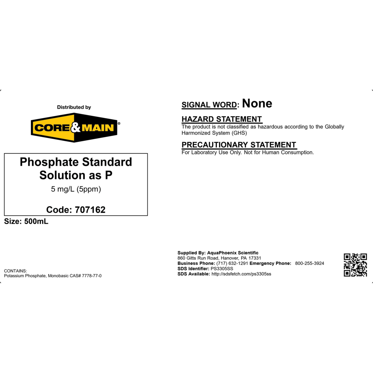 Core & Main Phosphate Standard, 5ppm, 500 mL