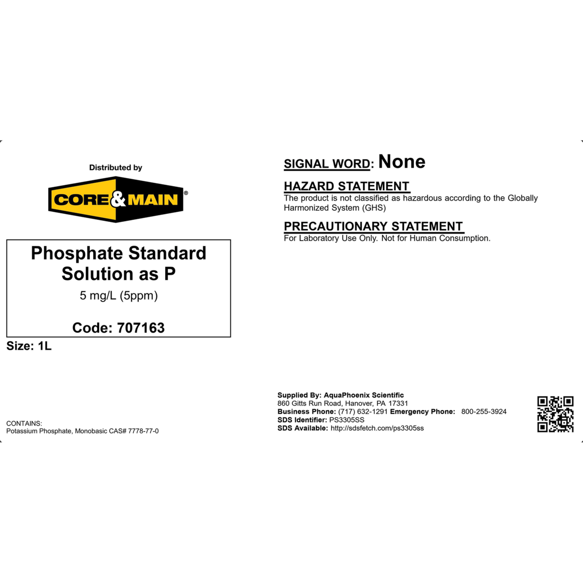 Core & Main Phosphate Standard, 5ppm, 1 L