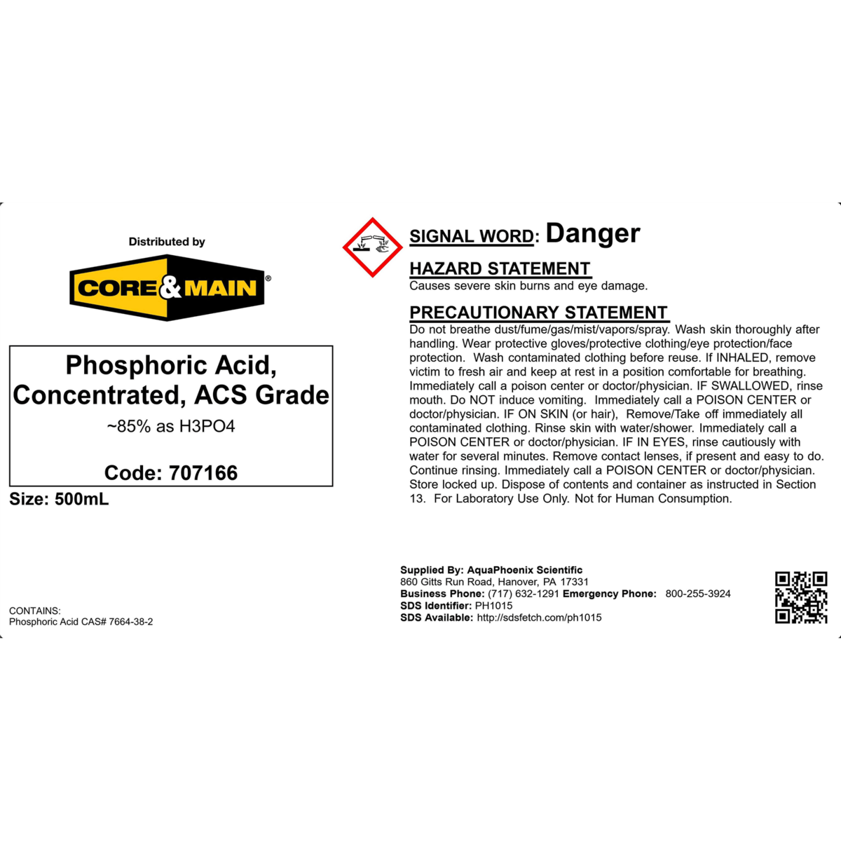 Core & Main Phosphoric Acid, Concentrated, 500 mL
