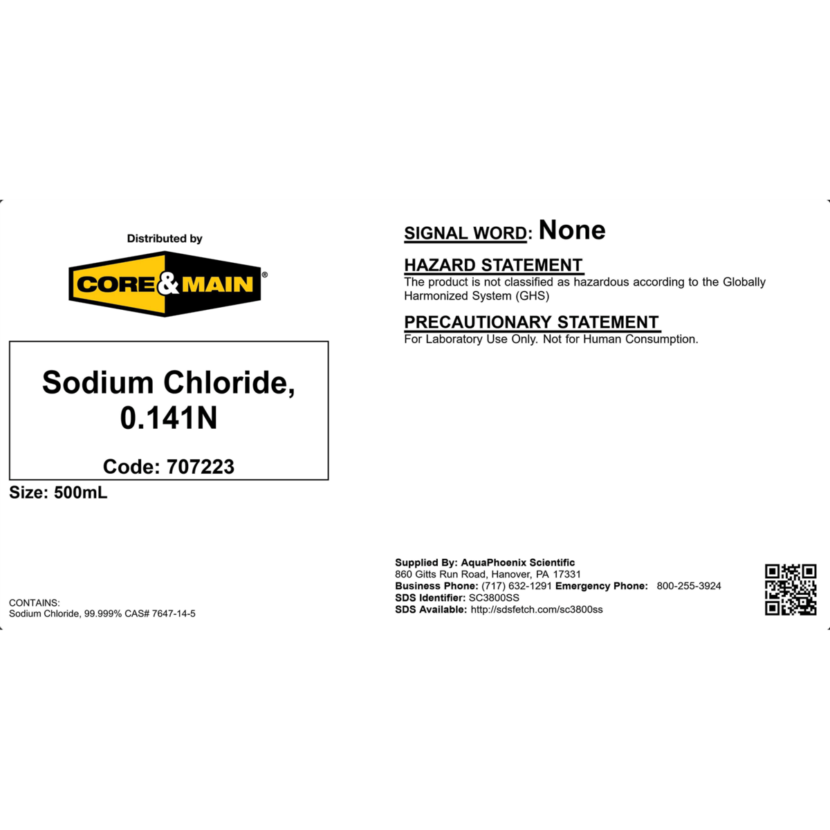 Core & Main Sodium Chloride, 0.141N, 500 mL