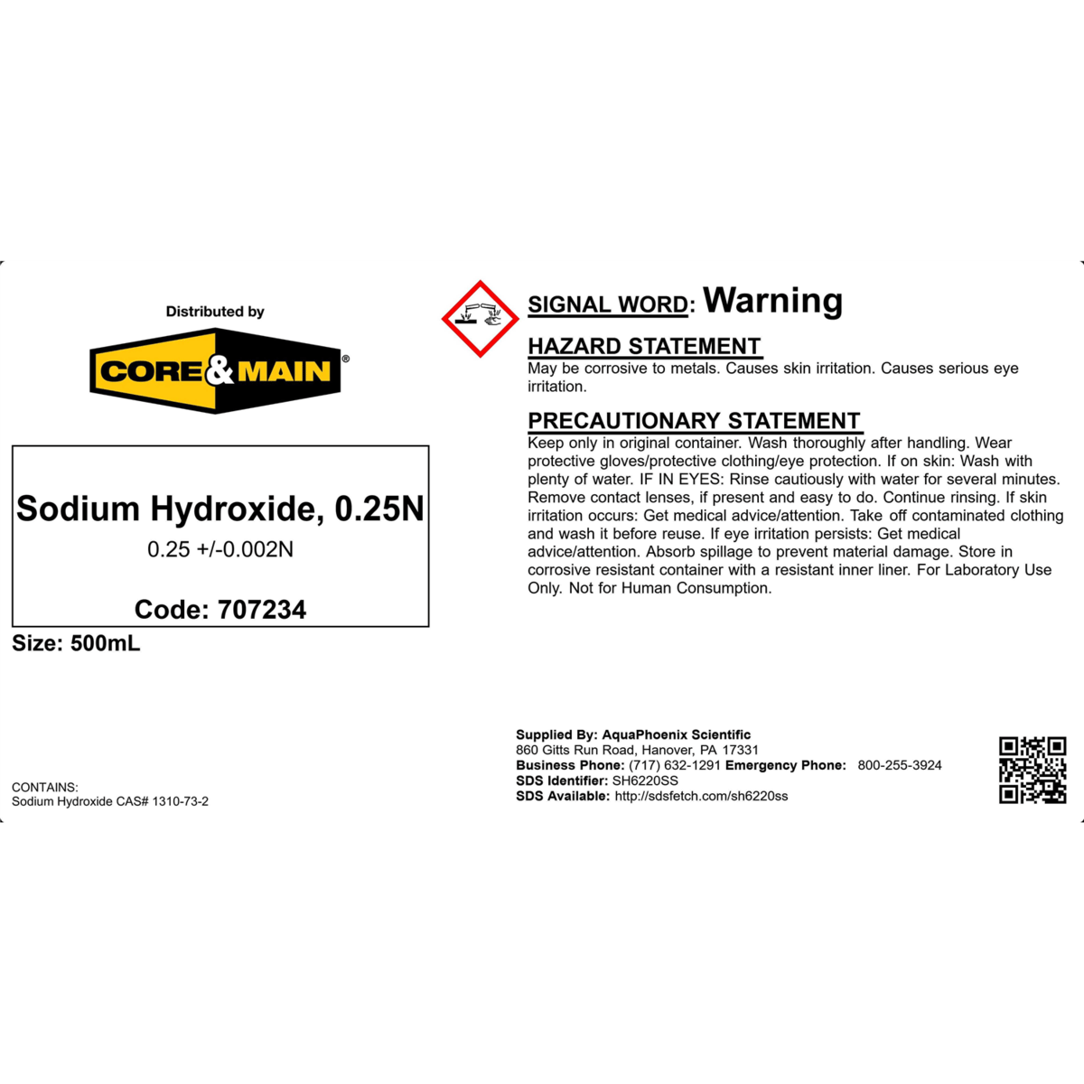 Core & Main Sodium Hydroxide, 0.25N, 500 mL