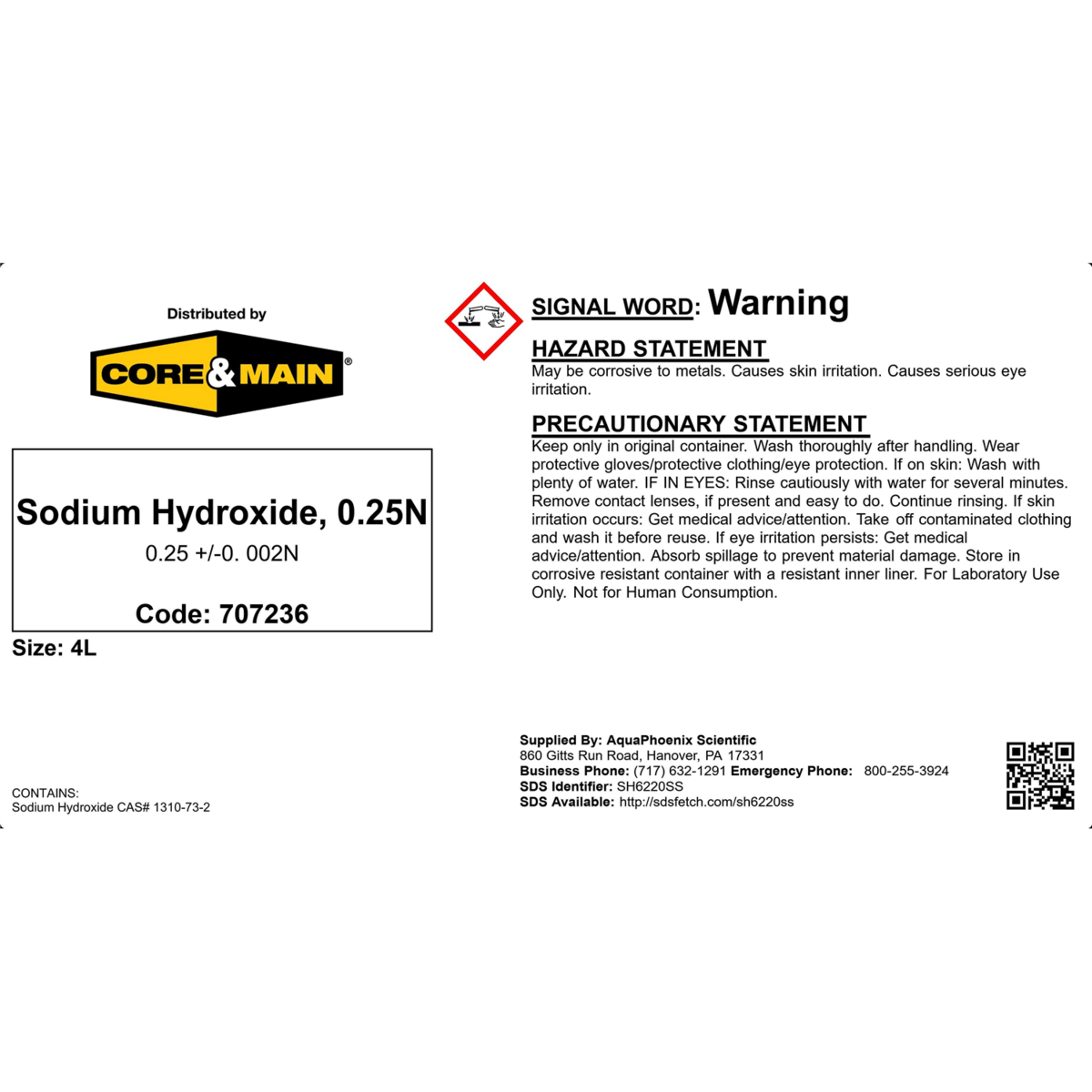 Core & Main Sodium Hydroxide, 0.25N, 4 L