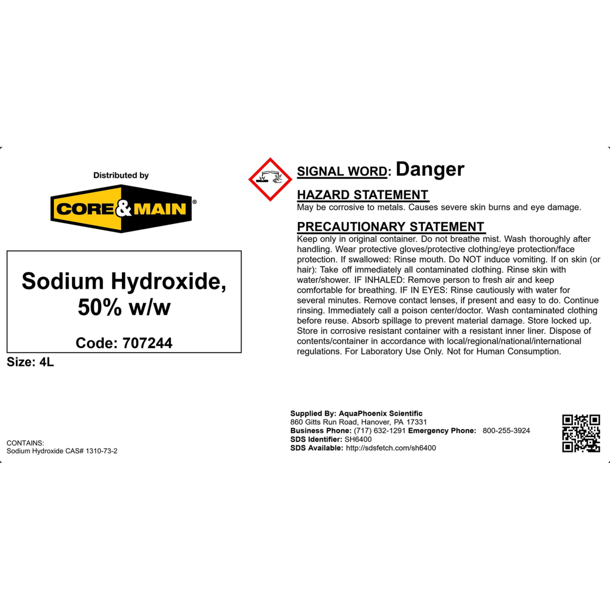 Core & Main Sodium Hydroxide, 50% w/w, 4 L