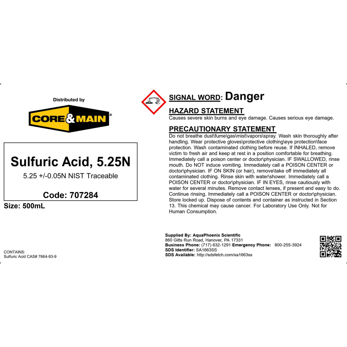 Core & Main Sulfuric Acid, 5.25N, 500 mL